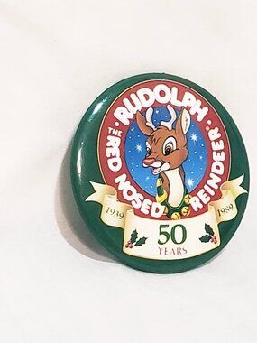 Rudolph the Red Nosed Reindeer Pin Button 1" Montgomery Wards 50-Year 1989